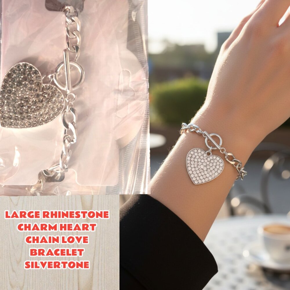 #7 VALENTINES LOVE SILVER RHINESTONE HEART‎ CHARM CHAIN LINK BRACELET NEW